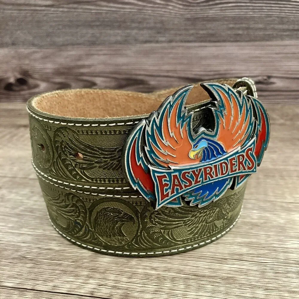 Streets Ahead Olive Green Leather Belt with Multicolor Easyriders Buckle